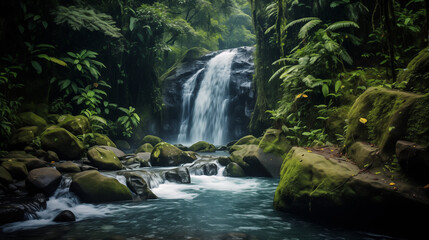 Jungle waterfall cascade in tropical rainforest with rock and turquoise blue pond. Its name Banyumala because its twin waterfall in mountain slope 