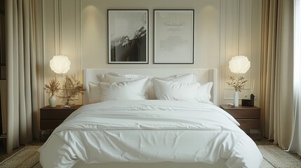 Bedroom interior with white walls, two frame abstract and night light.