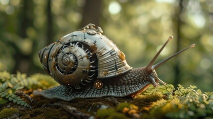 Snail with robotic shell crawls with a blurred forest background.
