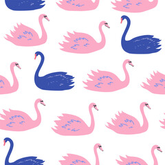 Seamless pattern with swans. Black and white swans, vector illustration in pastel colors.