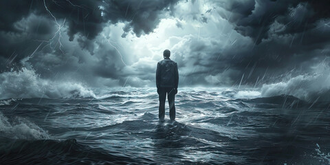 Fototapeta premium Resilience (Gray): A figure standing strong against a stormy background, representing the resilience of Gen Z protesters in the face of adversity