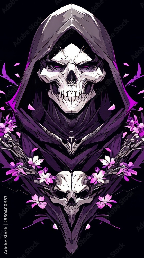 Wall mural grim reaper symmetrical illustration with flowers on black background