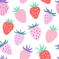 Cute seamless pattern with simple strawberry elements in delicate pastel colors. Vector illustration.