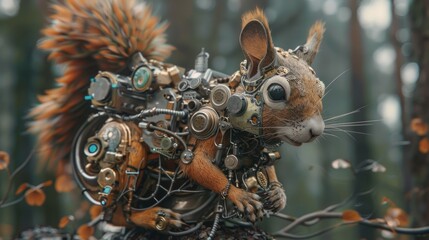 Robot squirrel mechanical on forest background,steampunk style