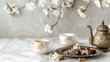 about Ramadan Kareem greeting card, invitation. Ornamental tea, coffee cup, bronze plate with dates fruit, white blooming prunus tree branch on white table. Iftar dinner. Eid ul Adha banner background