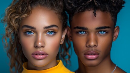 Obraz premium An up-close and detailed portrait of two individuals with striking blue eyes against a soft turquoise background, highlighting strong facial features and expressive eyes