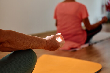 In this sunlit space, a senior woman's hand gracefully engages in various yoga poses, embodying the...