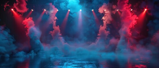 Spotlight concert stage or theater with red and blue smoke volume neon light effect