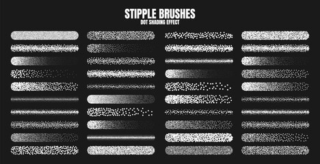 Stipple scatter brush, ink drawing and texturing. Fading gradient. Stippling, dotwork drawing, shading using dots. Halftone disintegration effect. White noise grainy texture. Vector illustration