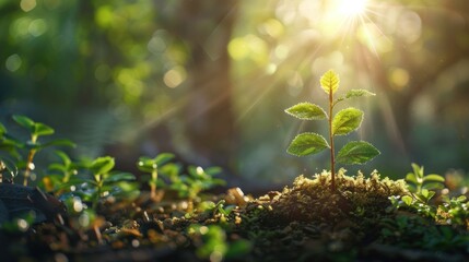 Shoots green tree plant growing from the ground in the morning sunlight.