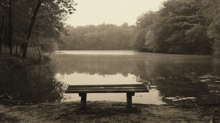 Obraz premium Serene view of a bench by a misty lake surrounded by forested hills during an early morning in autumn, captured in a sepia tone