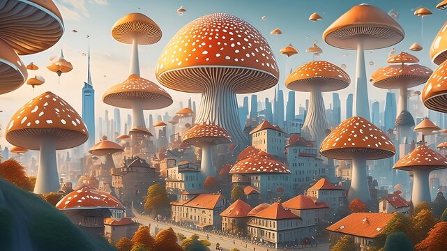iny Cityscape Surrounded by Oversized Fungi