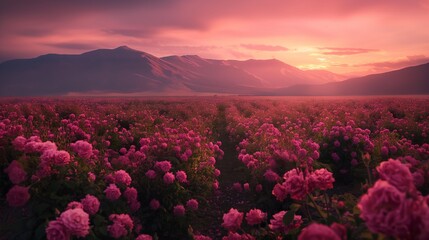 Amazing sunset over the black rose valley Endless rows of rose bushes with a mountain range in the background.Beautiful Landscape With Stream, Mountains, and Forrest