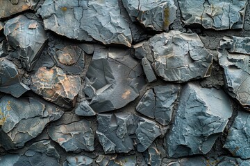 An intricate and detailed close-up photograph of cracked and weathered stone surfaces with various textures and colors, showcasing natural patterns