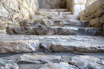Rugged stone steps leading up a weathered outdoor pathway surrounded by ancient stone walls, showcasing historical architecture and craftsmanship