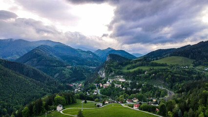 Aerial view of historical Semmering railway bridge in Austria, cloudy day