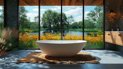 Fototapeta premium Brown shade in bathroom of a villa hotel by wildflower at meadow