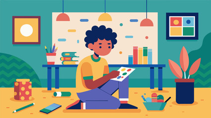 In the art room the walls are lined with colorful creations while a shy student sits in the corner nervously attempting to create soing worthy of displaying.. Vector illustration