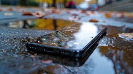 Close-up image of a smartphone lying on a wet ground amid puddles and fallen autumn leaves reflecting a blurred urban background - Powered by Adobe