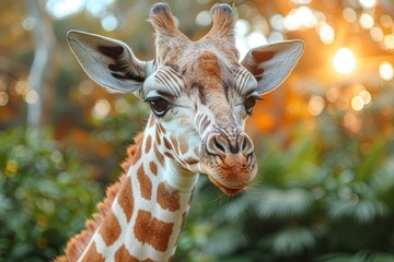 A captivating close-up photograph of a giraffe with a gentle expression, set against a background of lush greenery and a soft, warm, golden sunlight