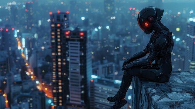 Sci-fi girl cyborg black armor suit sitting with futuristic skyscraper city building scene at night