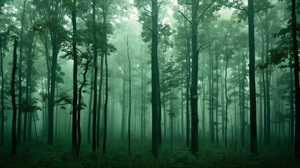 Obraz premium A forest of tall trees in the fog, white background