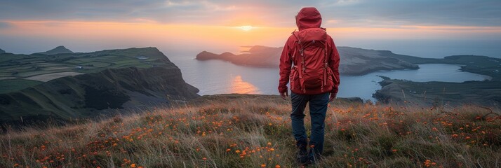 A lone hiker in a red jacket stands on a hilltop covered in wildflowers, gazing at the sunset over a breathtaking coastal landscape