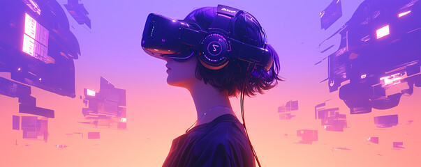 Beautiful woman with VR glasses and headset. Metaverse digital virtual reality technology. Augmented reality, game, future technology, AI concept. Pro gamer girl. Illustration in anime style