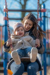 Obraz premium Joyful mom pushing her child on a swing at the park
