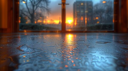 A serene sunset reflecting on a wet floor viewed through large glass windows, capturing the tranquil essence of evening in an urban environment