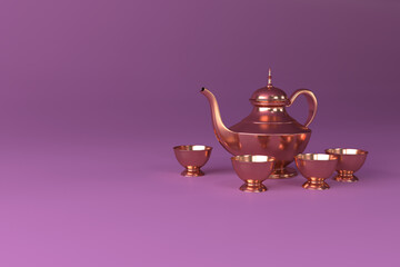 Arabic teapot set, on a purple background, 3d render
