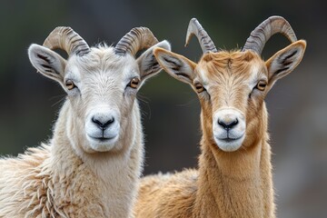Close-up portrait of two majestic mountain goats with distinct horn patterns and diverse fur colors standing side by side and gazing intently at the camera