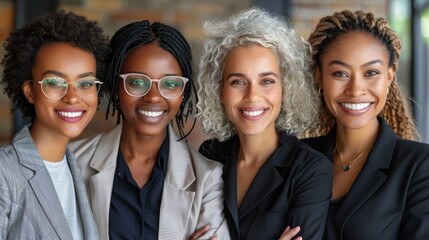 Fototapeta premium A group of four diverse women smiling and standing close together in a professional setting, showcasing unity and diversity in the workplace