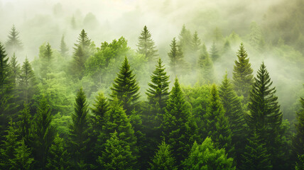Aerial view of a green pine forest in a drone shot, providing a natural background.
