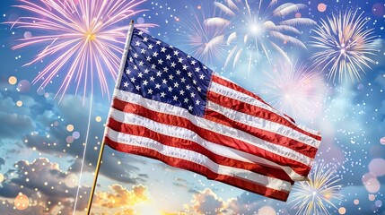 An American flag waving against a vibrant sky filled with colorful fireworks, symbolizing patriotic celebration and national pride.
