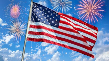 An American flag waving against a clear blue sky filled with vibrant fireworks, symbolizing a patriotic celebration and national pride.