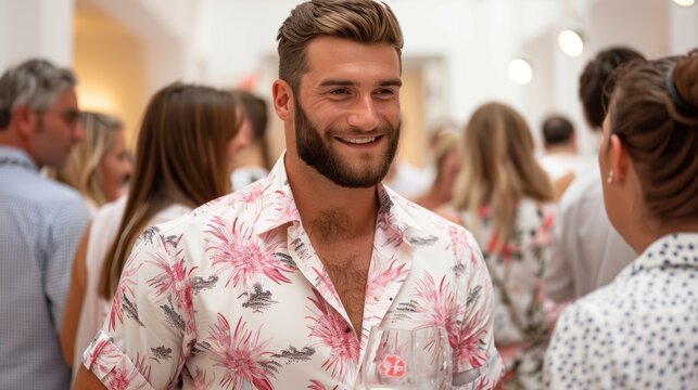 A young man smiling broadly in a floral shirt at a vibrant indoor social gathering among several guests, engaging in pleasant conversation