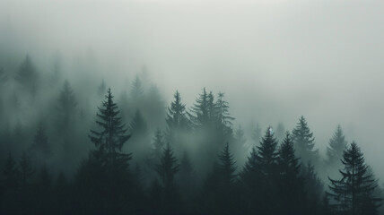 A dense forest of evergreen trees shrouded in mist against a white background - Powered by Adobe