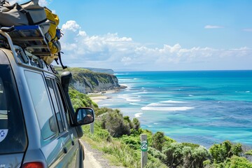 Car parked on a cliff overlooking a scenic coastline with turquoise water.