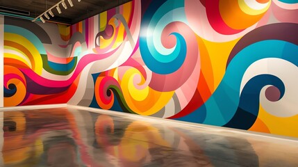 Abstract colorful swirl mural on a wall in a modern art gallery.