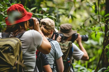 Fototapeta premium Three photographers capture the beauty of a lush jungle.