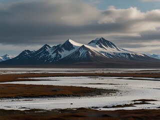 Mountain with rolling tundra, sparse vegetation and permafrost, cold and remote, Arctic wilderness, generative AI