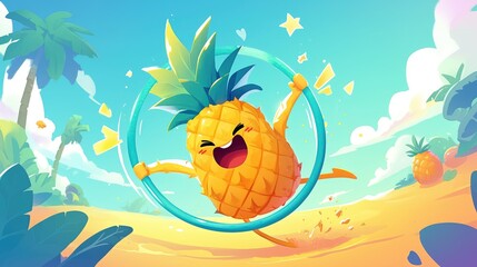 A cheerfully cute pineapple engaging in a hula hoop workout showcasing fruits getting active through fitness or sports routines in a delightful 2d illustration