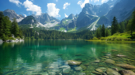 Mountain Lake - A pristine mountain lake with crystal-clear water, surrounded by rugged peaks and pine forests