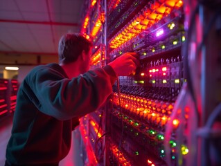 A man is working on a computer server with many lights on. The lights are red and green, and the server is very large. The man is focused on his work, and the server appears to be very important