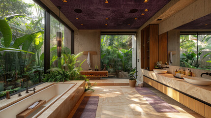 Fototapeta premium Purple shade in contemporary bathroom of a villa hotel by lush jungle