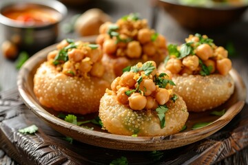 Fototapeta premium Delicious Indian Street Food - Pani Puri with Chickpeas and Garnishes