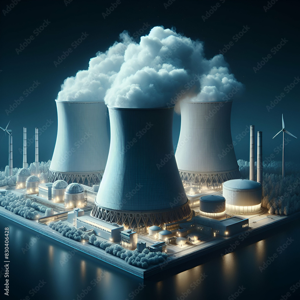 Wall mural Industrial Radioactive Atomic Nuclear Reactor Electricity Power Generation Station Plant Refinery Factory with Cooling Towers & Steam Smoke Chimney. Save the Planet & the Environment. Ecology Pollutio - Wall murals