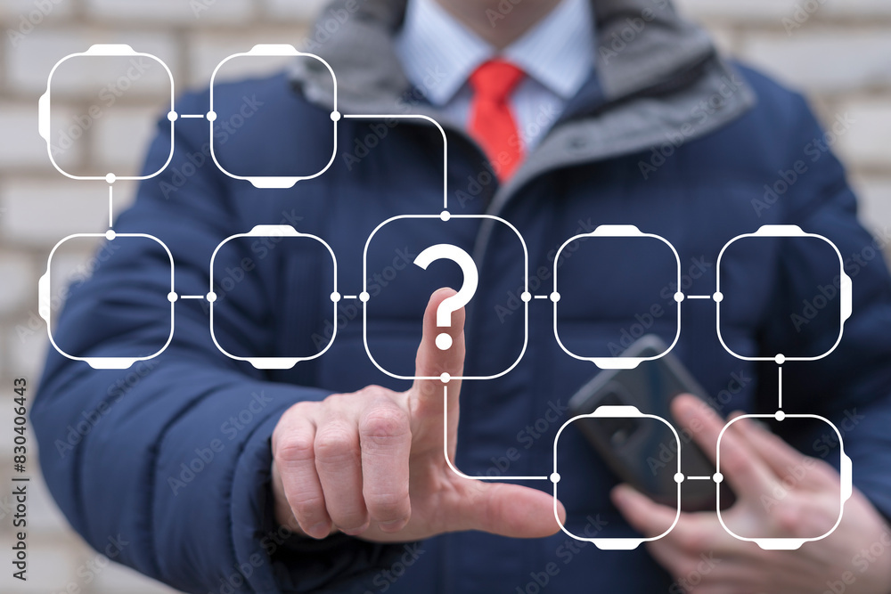 Poster businessman using virtual touchscreen presses icon: question mark. question mark business finance co