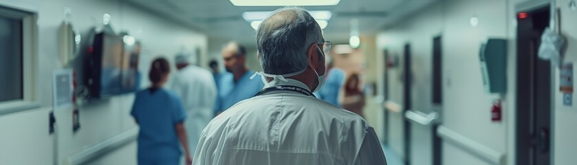 Medical professionals, including doctors and nurses, walk through a hospital hallway during a busy workday.